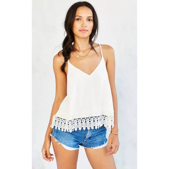Urban Outfitter Ecote Crochet Trim V-Neck Racerback Crop Tank Top Yellow Small - Picture 1 of 9